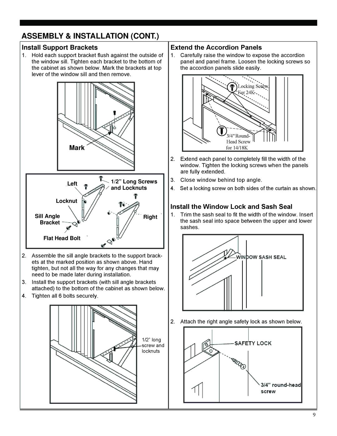 Soleus Air SG-WAC-25ESE Install Support Brackets, Mark, Extend the Accordion Panels, Install the Window Lock and Sash Seal 