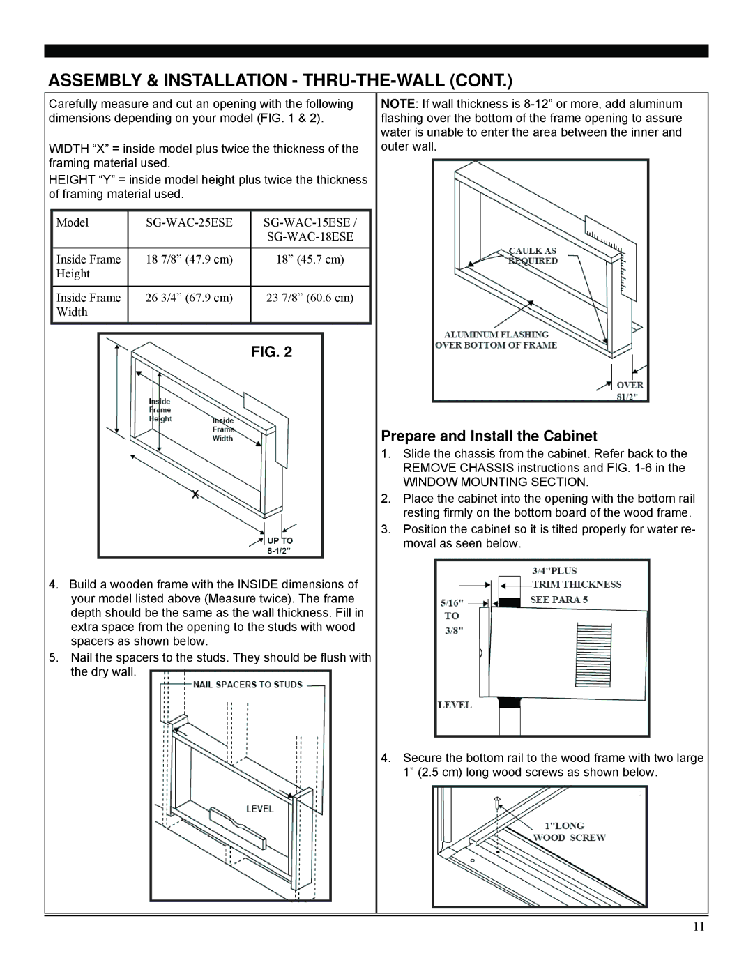 Soleus Air SG-WAC-18ESE Assembly & Installation THRU-THE-WALL, Prepare and Install the Cabinet, Window Mounting Section 