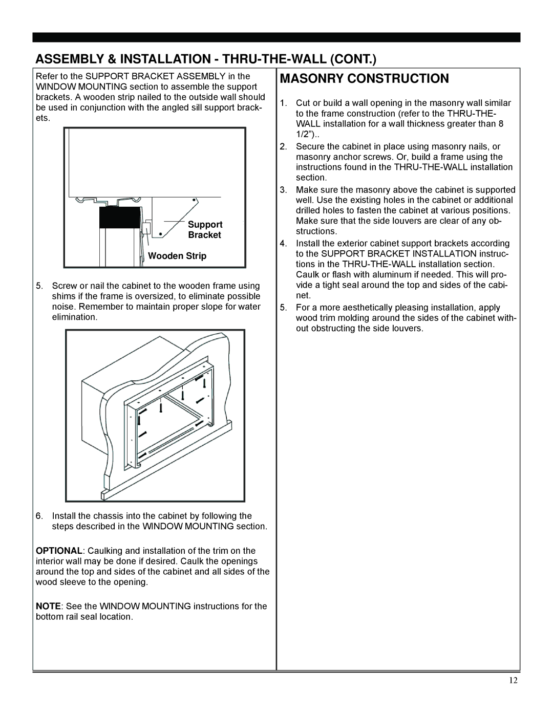 Soleus Air SG-WAC-25ESE, SG-WAC-18ESE, SG-WAC-15ESE manual Masonry Construction, Support Bracket Wooden Strip 