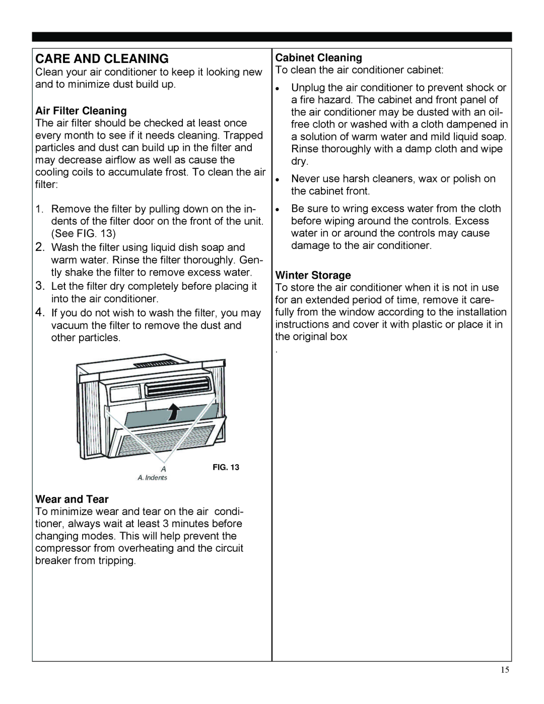 Soleus Air SG-WAC-25ESE manual Care and Cleaning, Air Filter Cleaning, Cabinet Cleaning, Winter Storage, Wear and Tear 