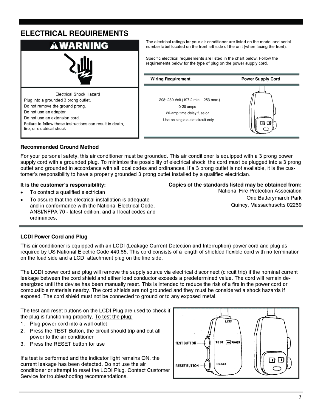 Soleus Air SG-WAC-25ESE manual Electrical Requirements, Recommended Ground Method, It is the customer’s responsibility 