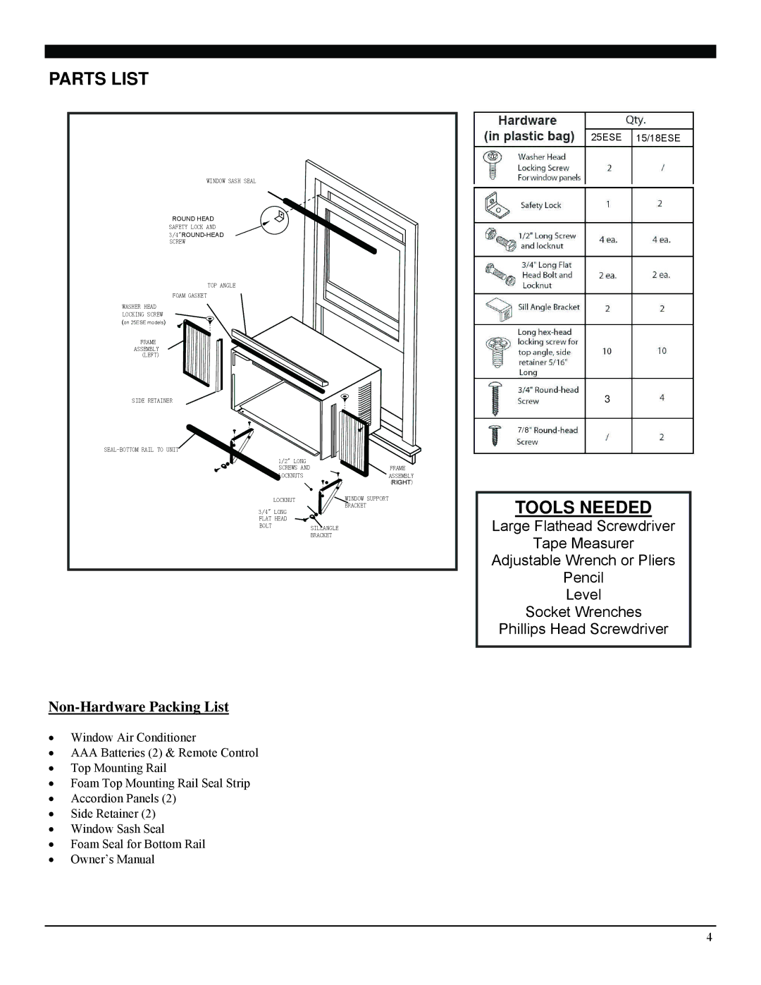 Soleus Air SG-WAC-15ESE, SG-WAC-18ESE, SG-WAC-25ESE manual Parts List, Tools Needed 