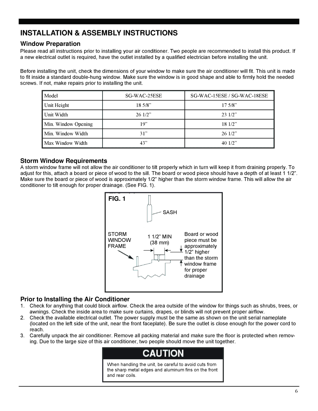 Soleus Air SG-WAC-25ESE, SG-WAC-18ESE Installation & Assembly Instructions, Window Preparation, Storm Window Requirements 