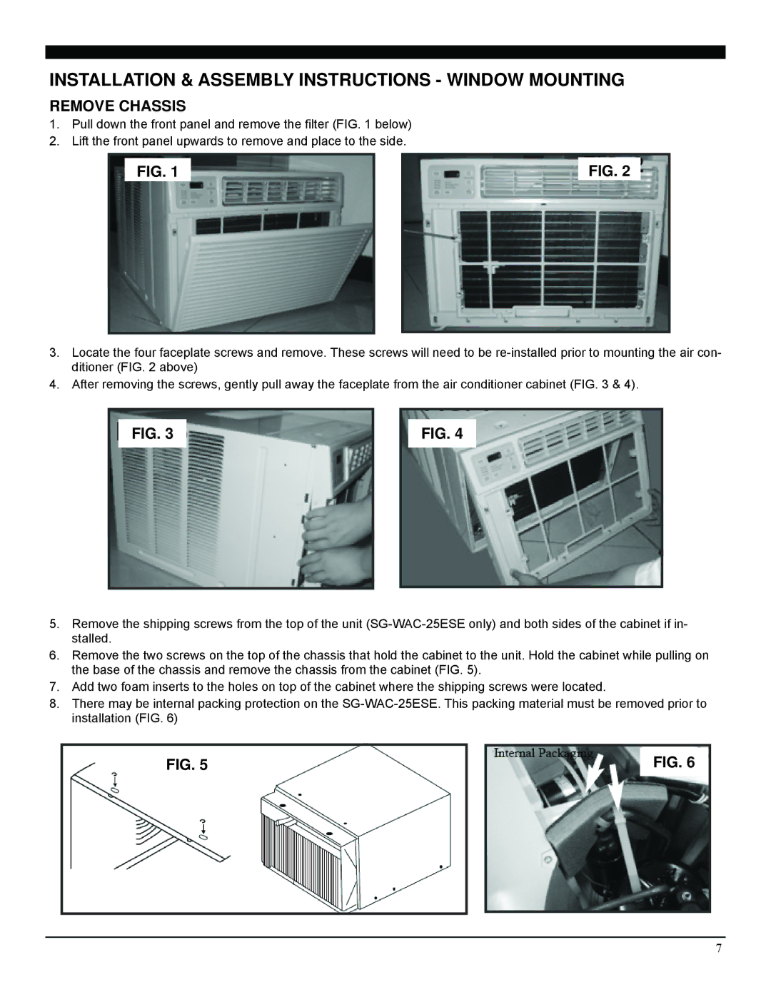 Soleus Air SG-WAC-15ESE, SG-WAC-18ESE, SG-WAC-25ESE Installation & Assembly Instructions Window Mounting, Remove Chassis 