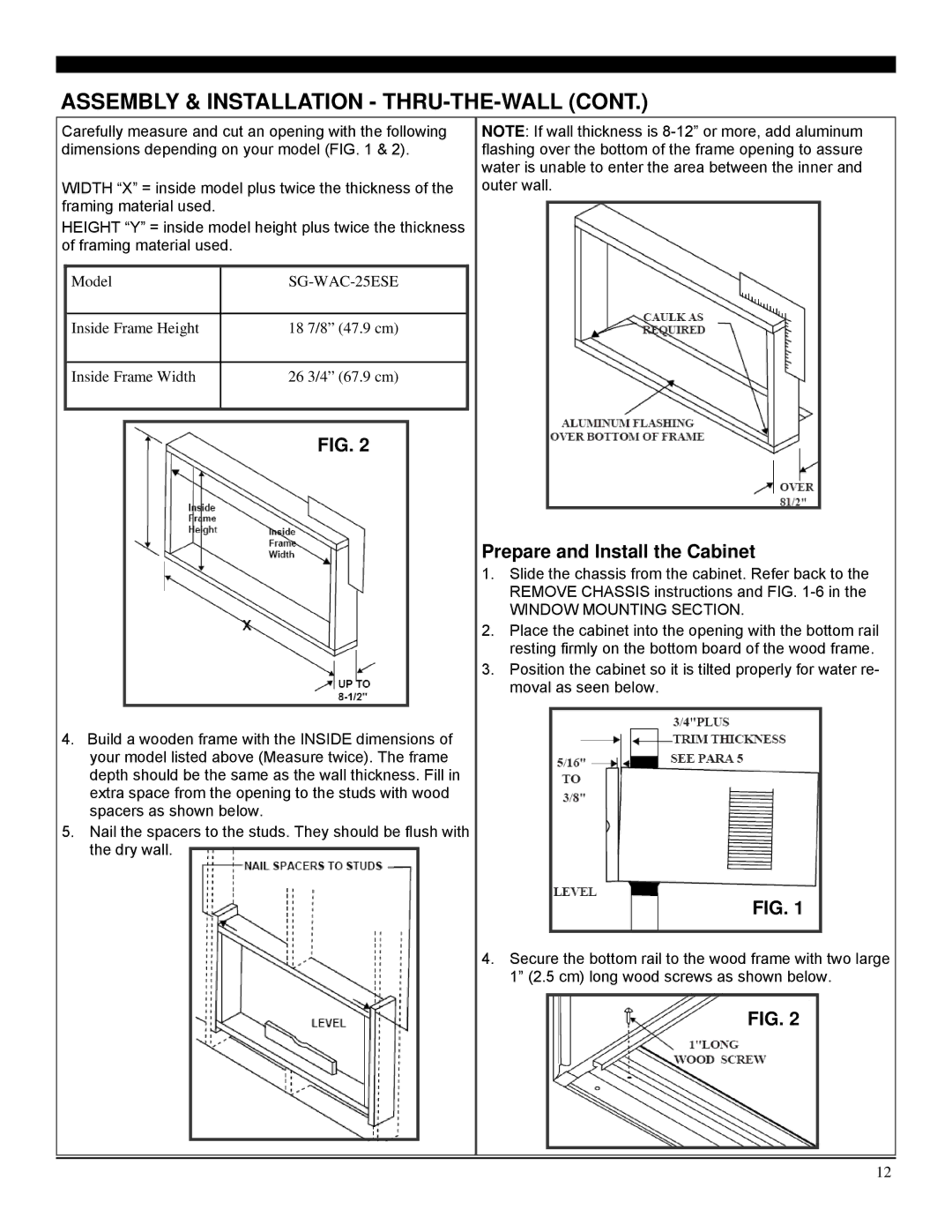 Soleus Air SG-WAC-25ESE-C operating instructions Assembly & Installation THRU-THE-WALL, Prepare and Install the Cabinet 