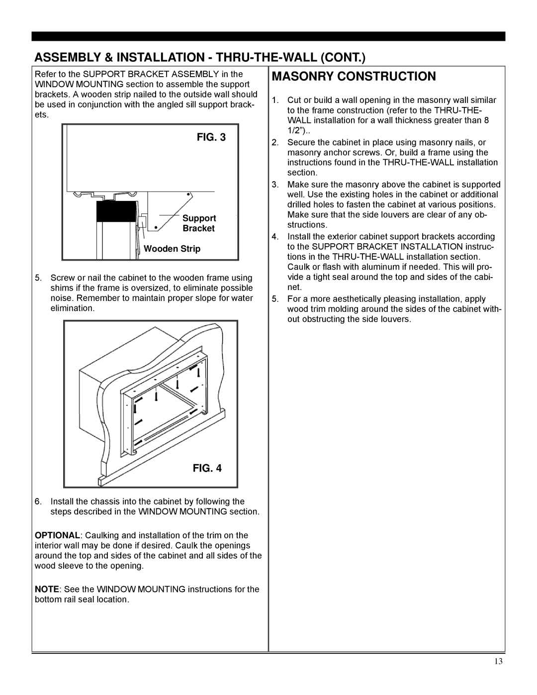 Soleus Air SG-WAC-25ESE-C operating instructions Masonry Construction, Support Bracket Wooden Strip 