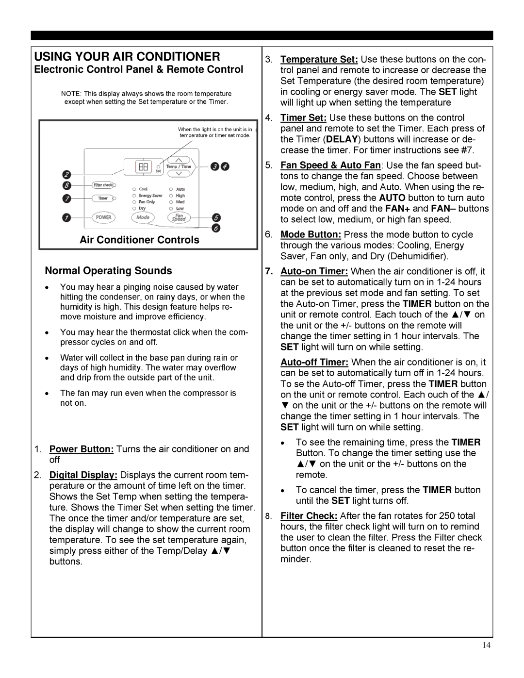 Soleus Air SG-WAC-25ESE-C operating instructions Using Your AIR Conditioner, Electronic Control Panel & Remote Control 