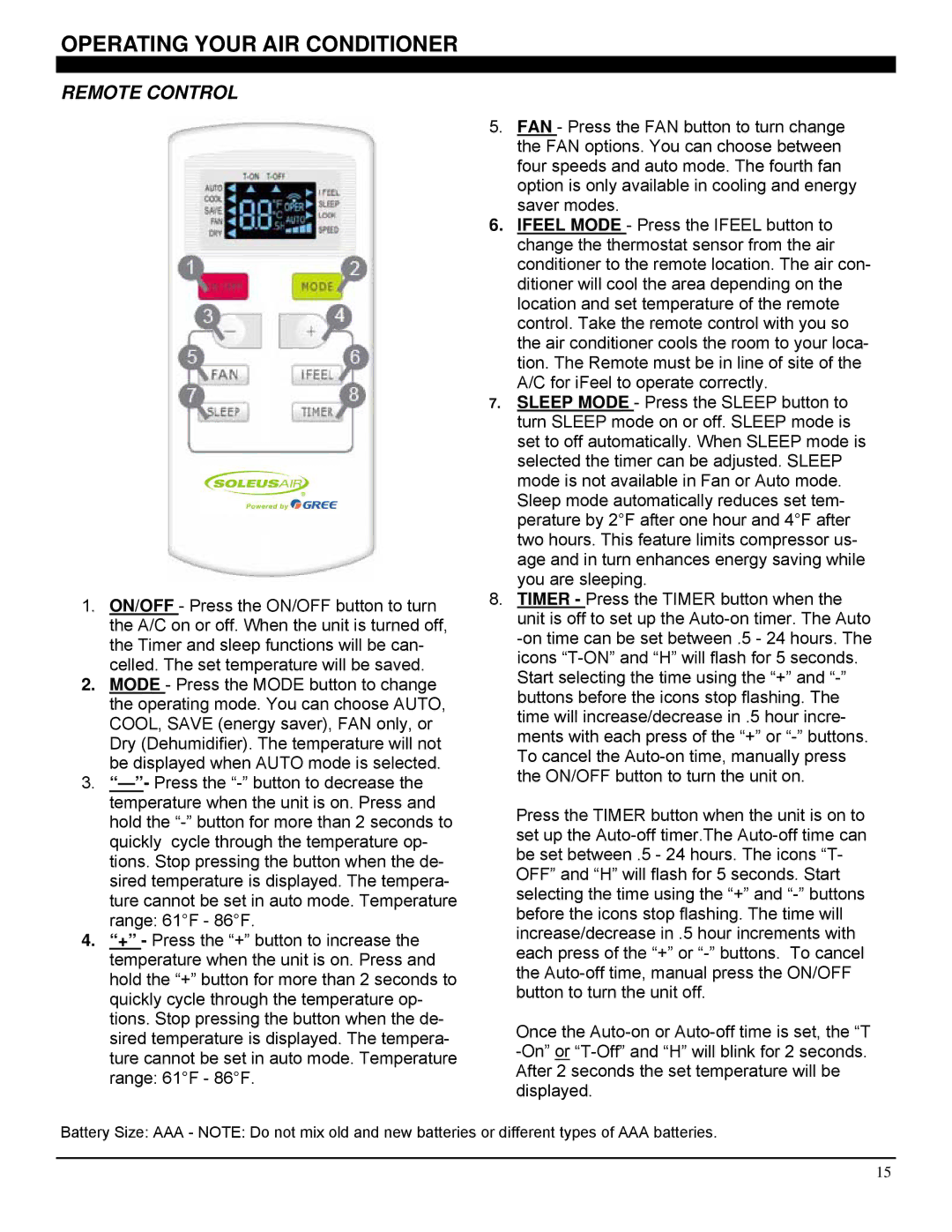 Soleus Air SG-WAC-25ESE-C operating instructions Operating Your AIR Conditioner, Remote Control 