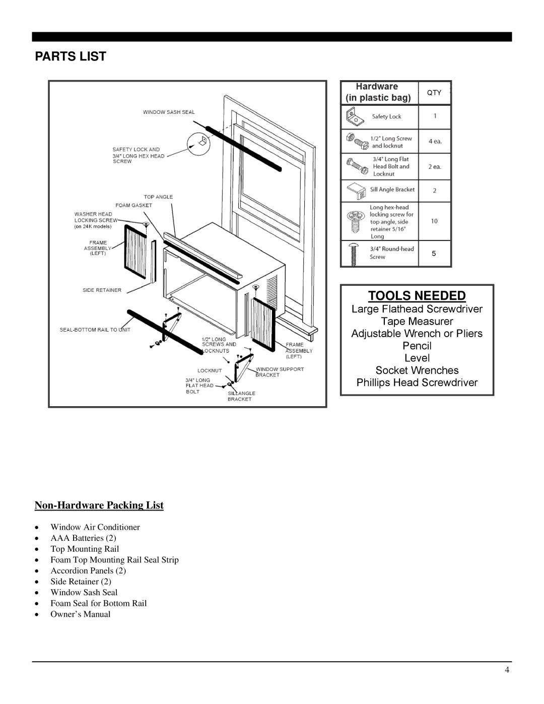 Soleus Air SG-WAC-25ESE-C operating instructions Parts List, Tools Needed 