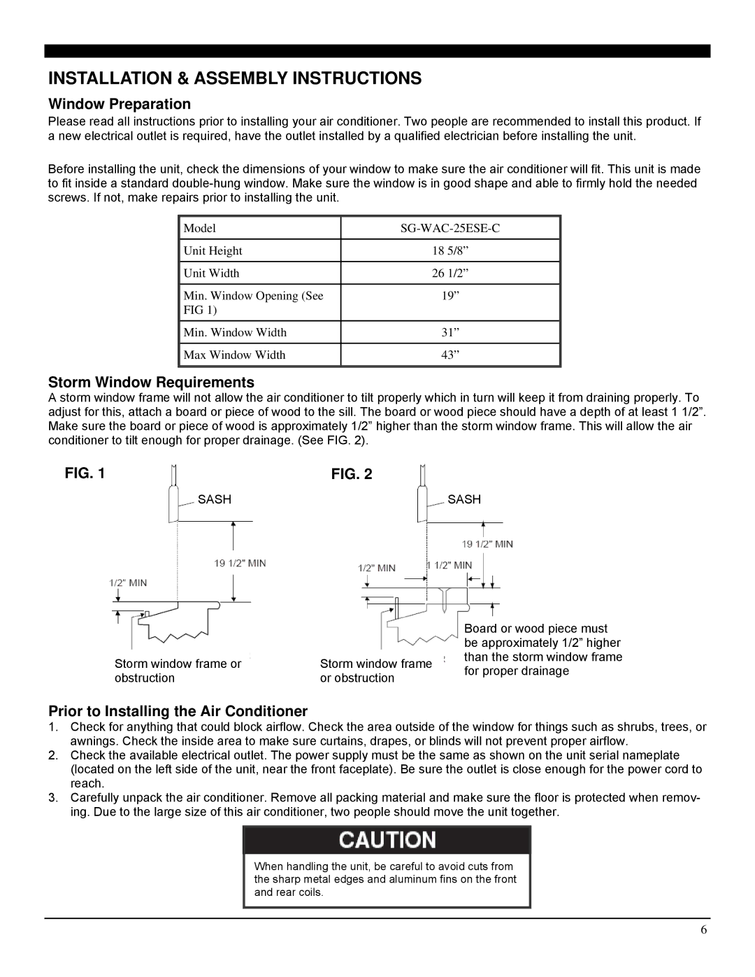 Soleus Air SG-WAC-25ESE-C Installation & Assembly Instructions, Window Preparation, Storm Window Requirements 