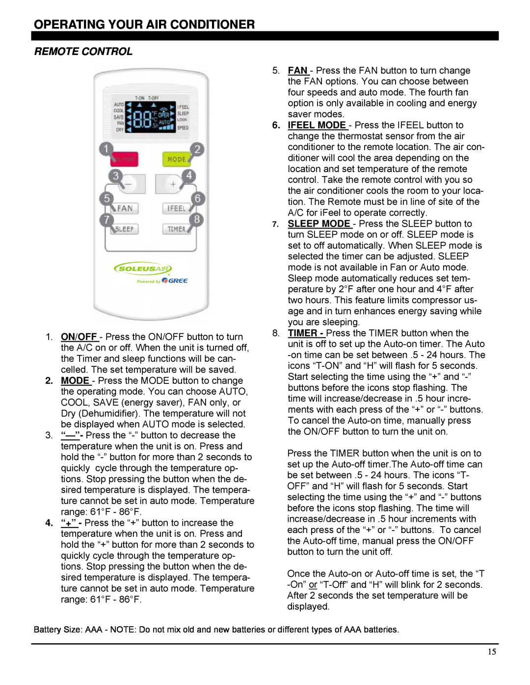 Soleus Air SG-WAC-25ESE-C operating instructions Operating Your Air Conditioner, Remote Control 