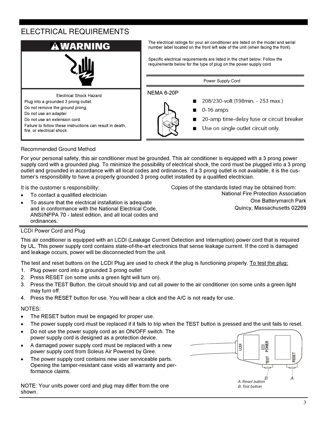 Soleus Air SG-WAC-25HCE manual Electrical Requirements, Recommended Ground Method, Lcdi Power Cord and Plug 