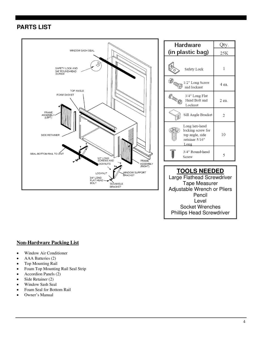 Soleus Air SG-WAC-25HCE manual Parts List Tools Needed, Non-Hardware Packing List 