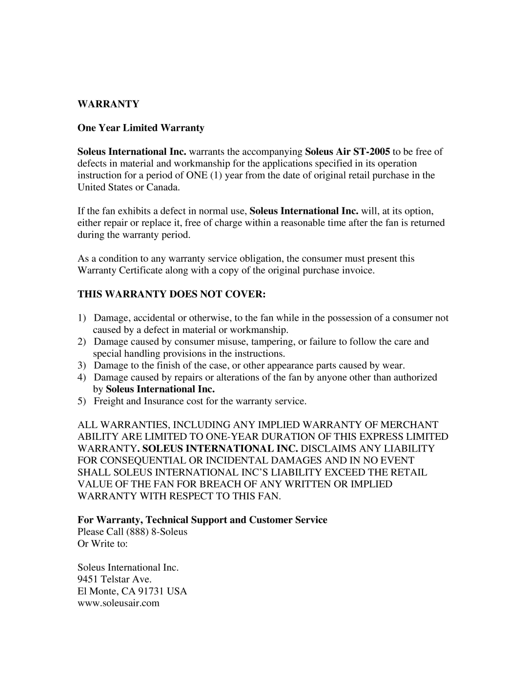 Soleus Air ST-2005 user manual This Warranty does not Cover 