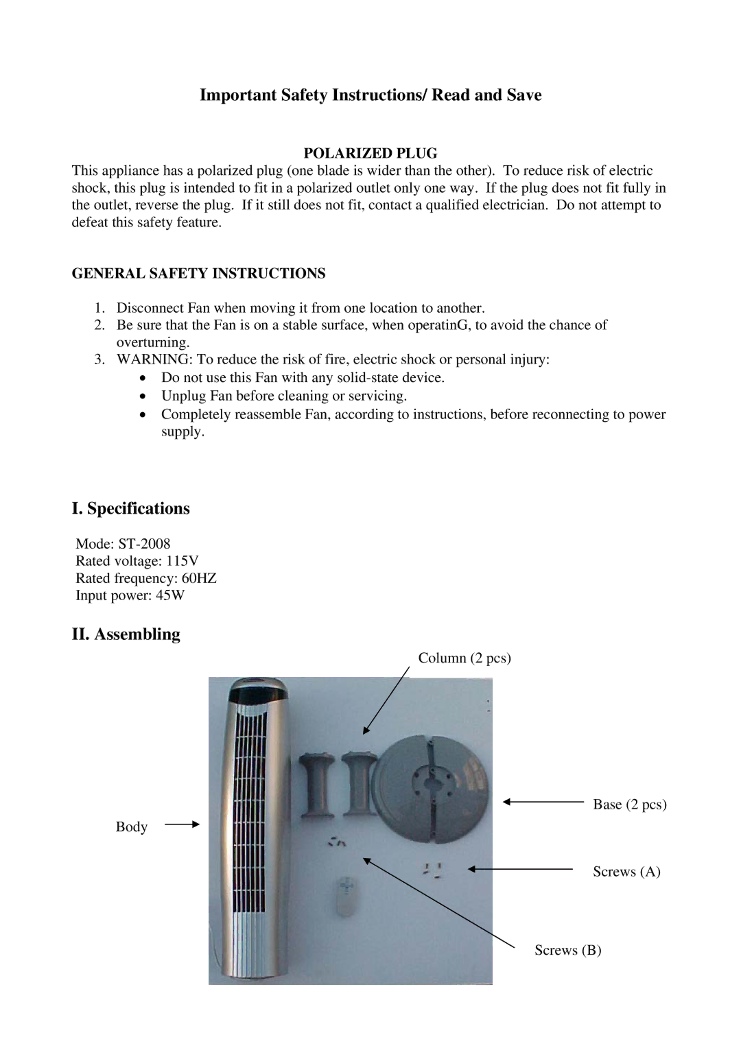 Soleus Air ST-2008 Important Safety Instructions/ Read and Save, Specifications, II. Assembling, Polarized Plug 