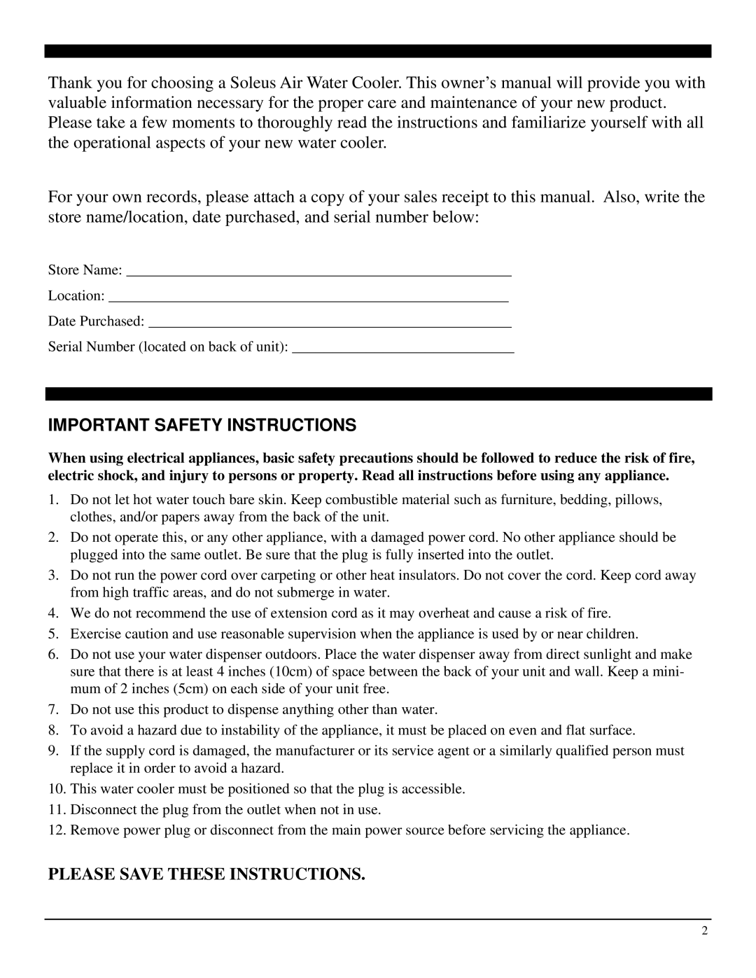 Soleus Air WA1-02-21 manual Important Safety Instructions 