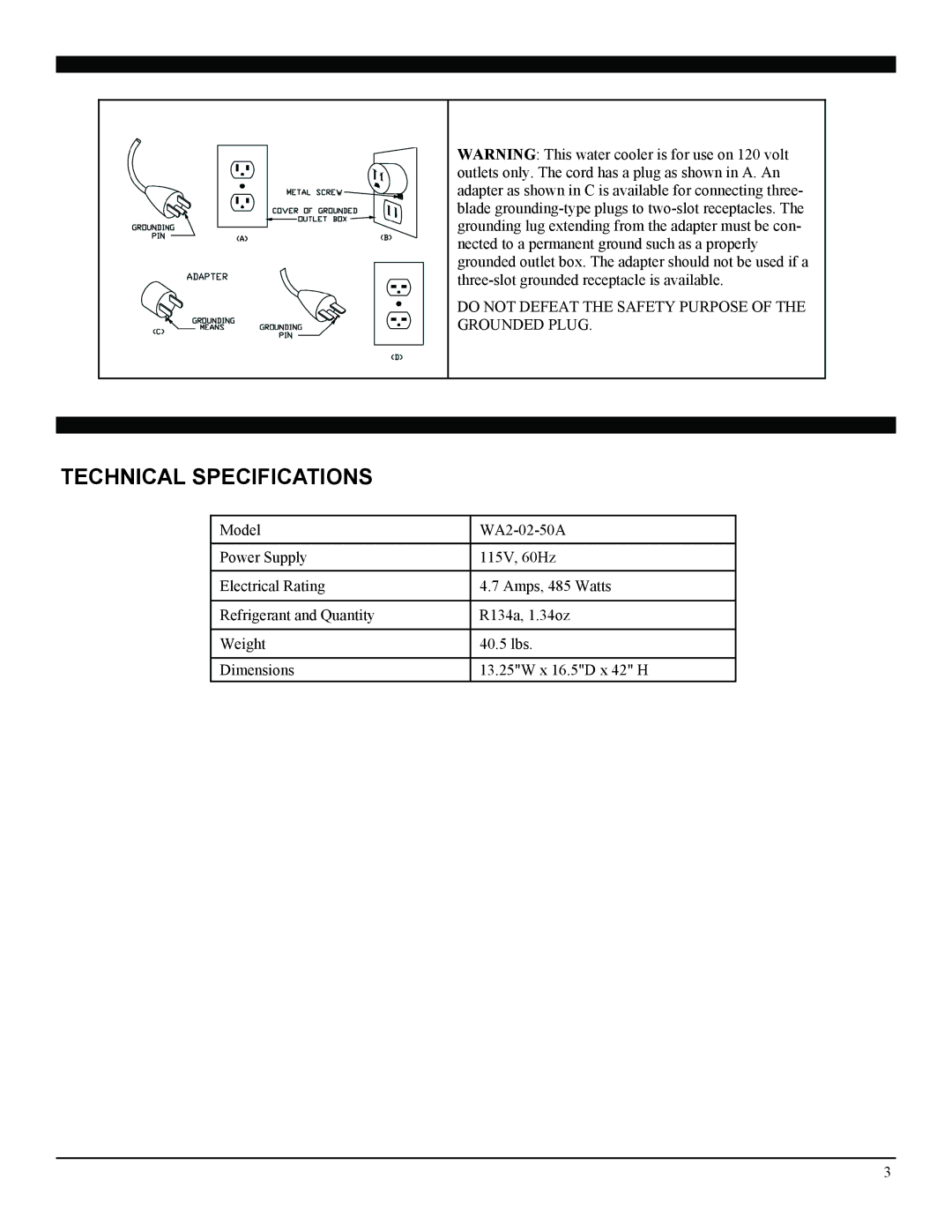 Soleus Air WA2-02-50A manual Technical Specifications 