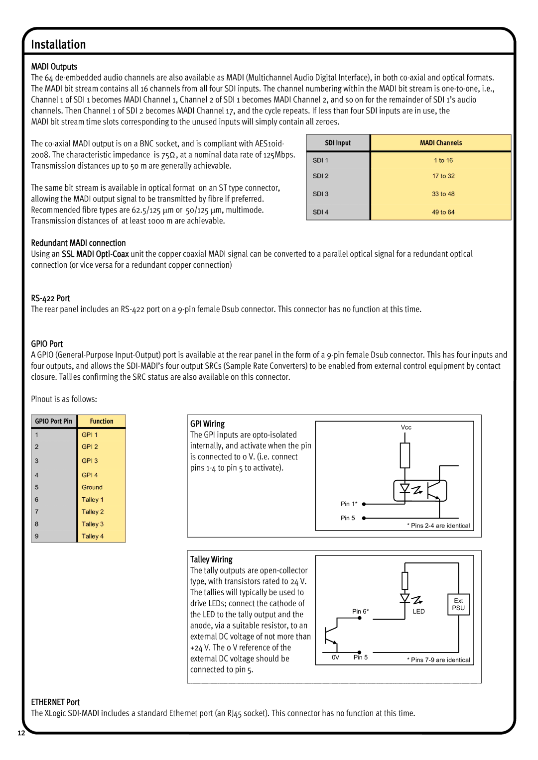 Solid State Logic 1266 manual Madi Outputs, Redundant Madi connection, RS-422 Port, Gpio Port, GPI Wiring, Talley Wiring 