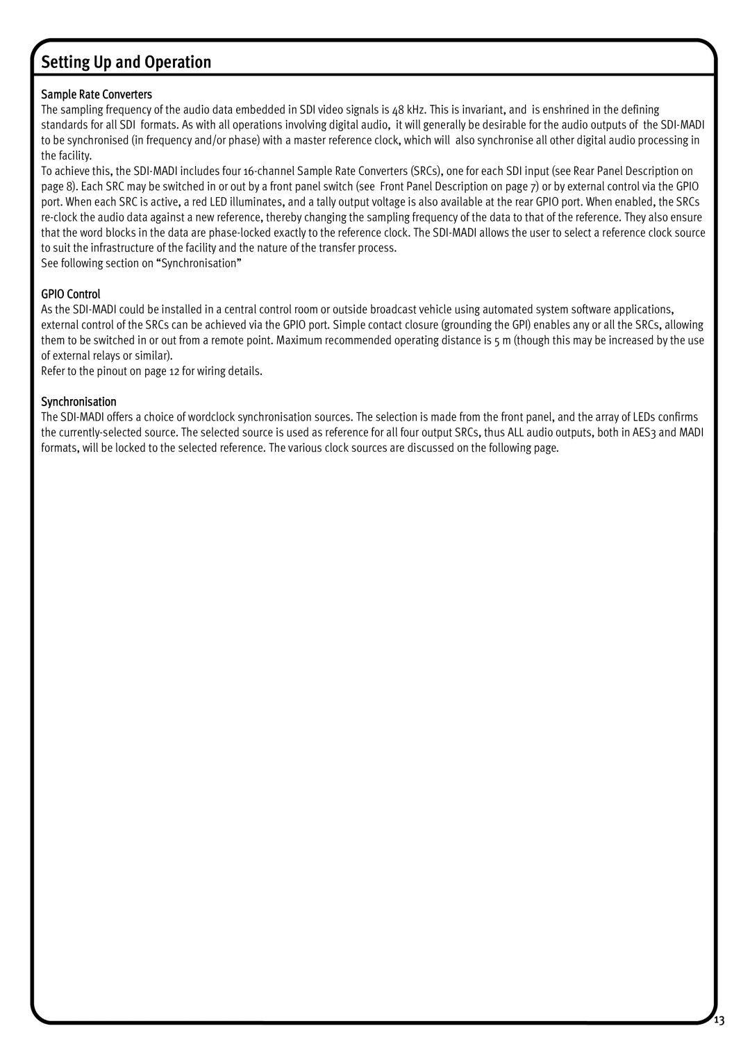 Solid State Logic 1266 manual Setting Up and Operation, Sample Rate Converters, Gpio Control, Synchronisation 