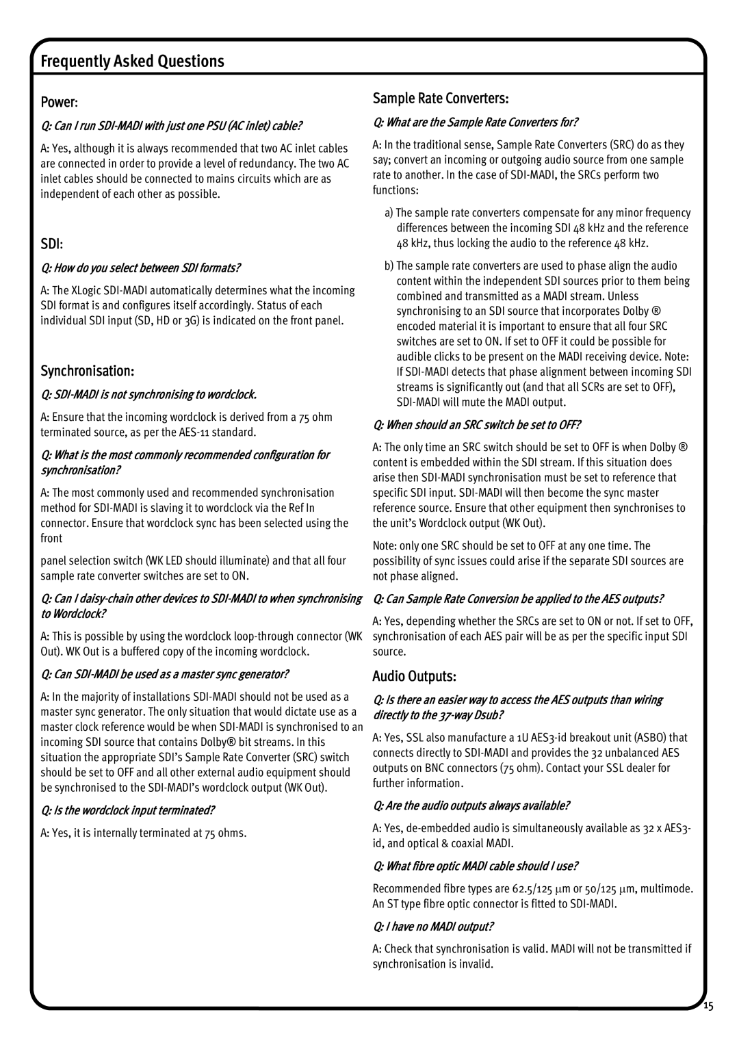 Solid State Logic 1266 manual Frequently Asked Questions, Power 