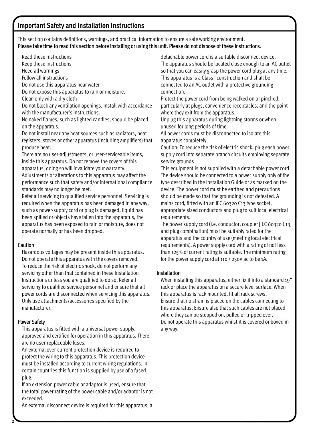 Solid State Logic 1266 manual Important Safety and Installation Instructions, Power Safety 