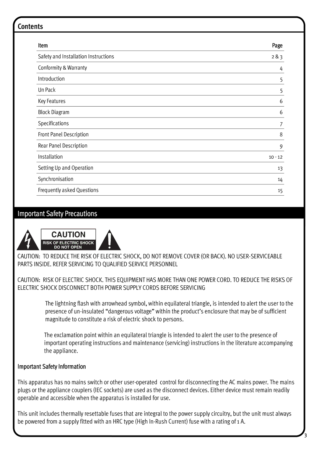 Solid State Logic 1266 manual Contents, ImportantSafety Precautions 