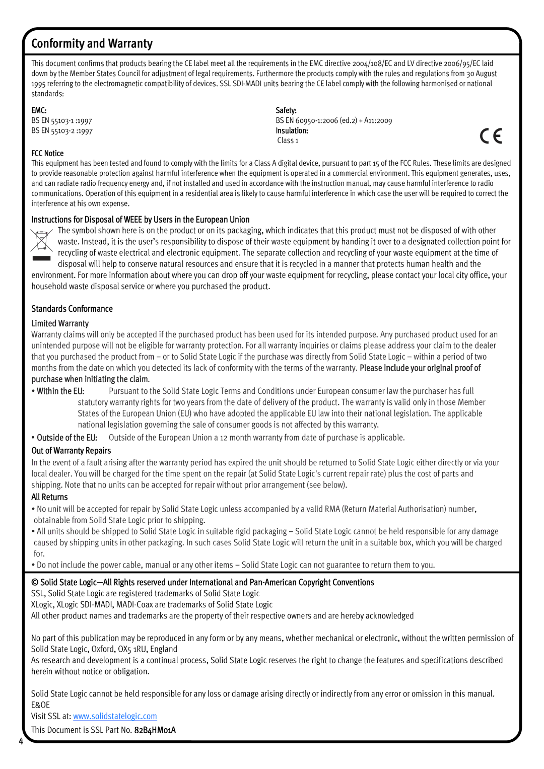 Solid State Logic 1266 manual Conformity and Warranty, Standards Conformance, Out of Warranty Repairs, All Returns 