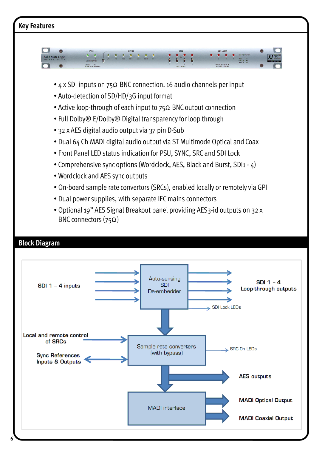 Solid State Logic 1266 manual Key Features, Block Diagram 