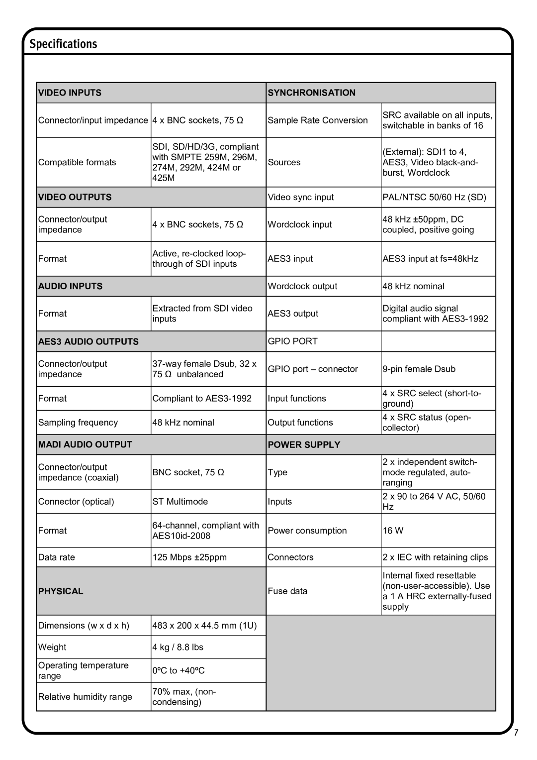 Solid State Logic 1266 manual Specifications, Video Inputs Synchronisation 