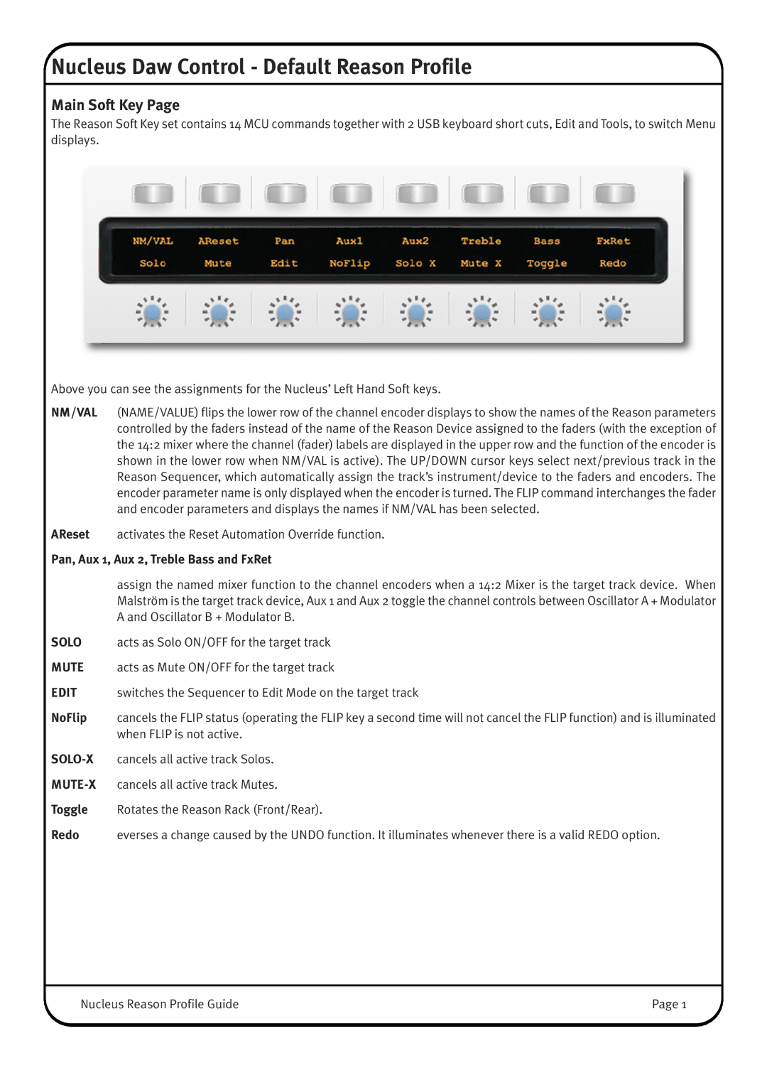 Solid State Logic 20012911, 20012919, 20012913, 20012912, 20012905 Nucleus Daw Control Default Reason Profile, Main Soft Key 