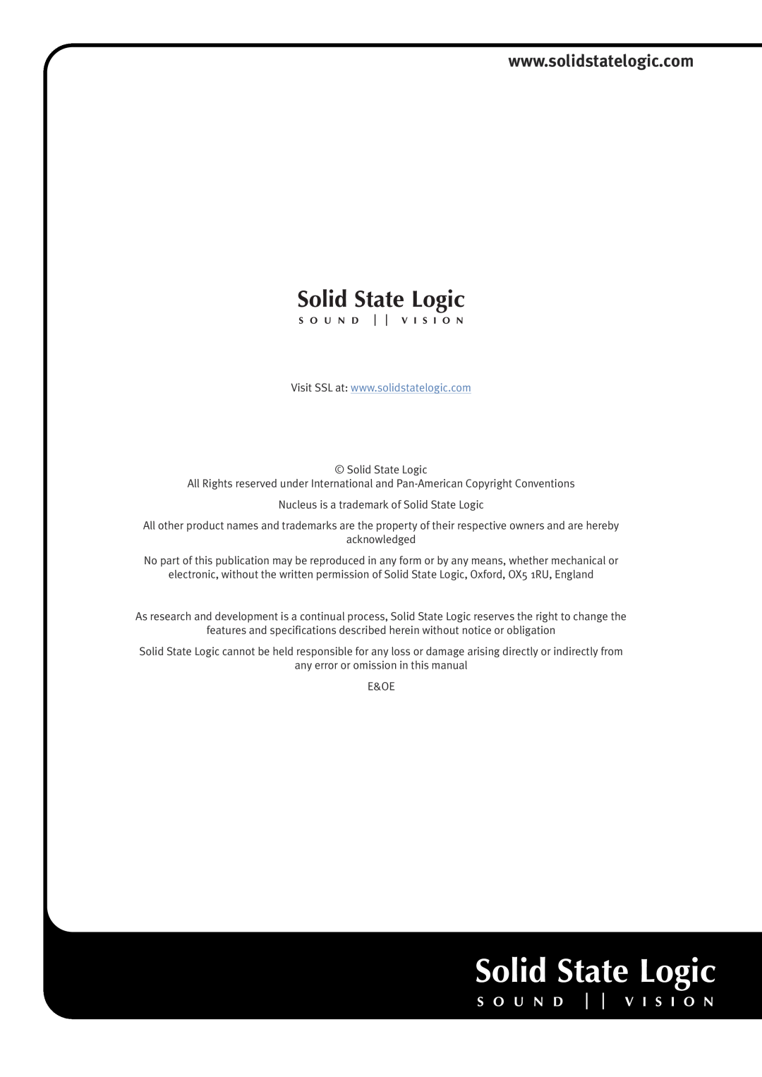Solid State Logic 20012919, 20012913, 20012912, 20012911 manual Nucleus is a trademark of Solid State Logic, acknowledged 