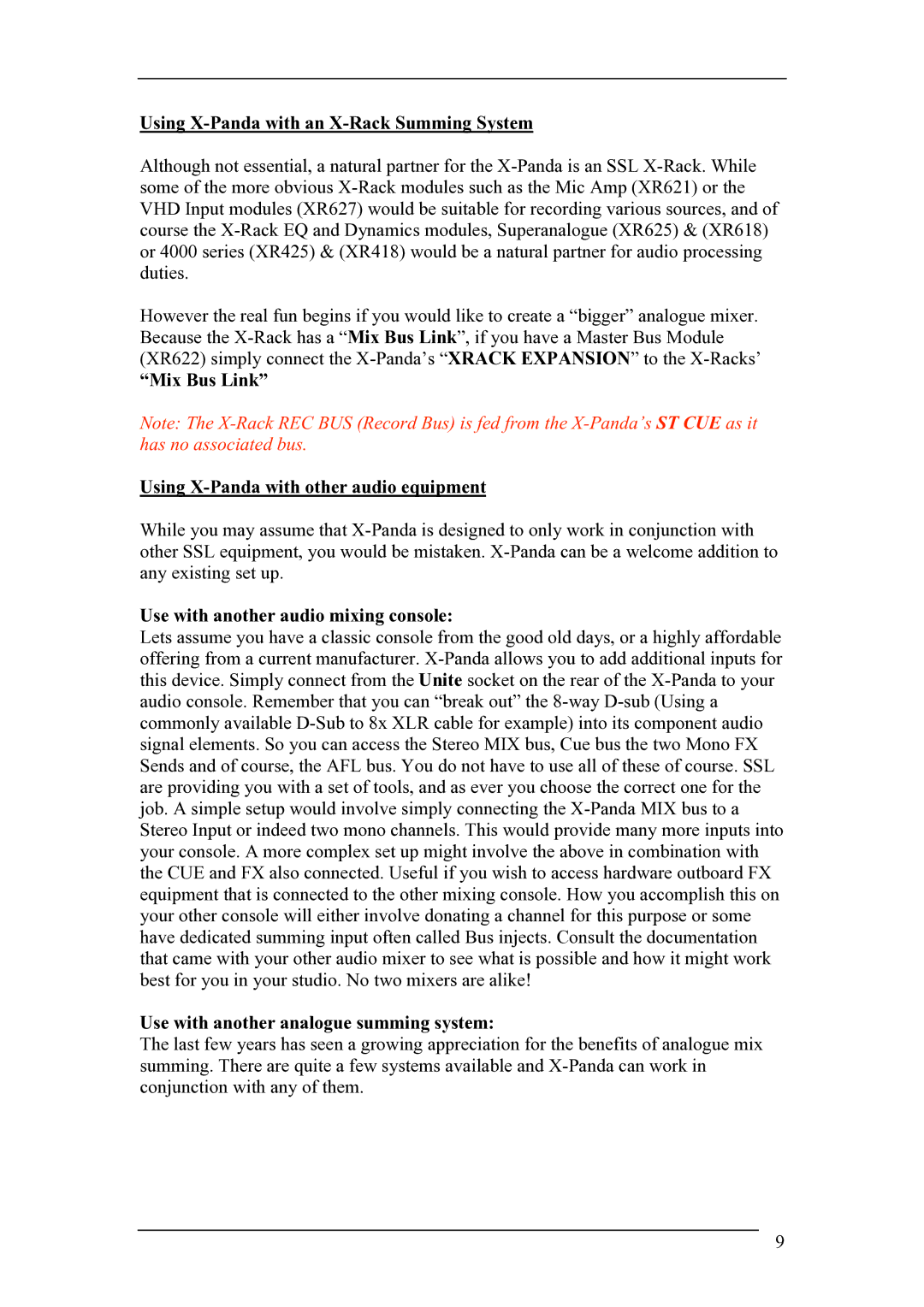Solid State Logic 82BXEM01A manual Using X-Panda with an X-Rack Summing System, Use with another audio mixing console 
