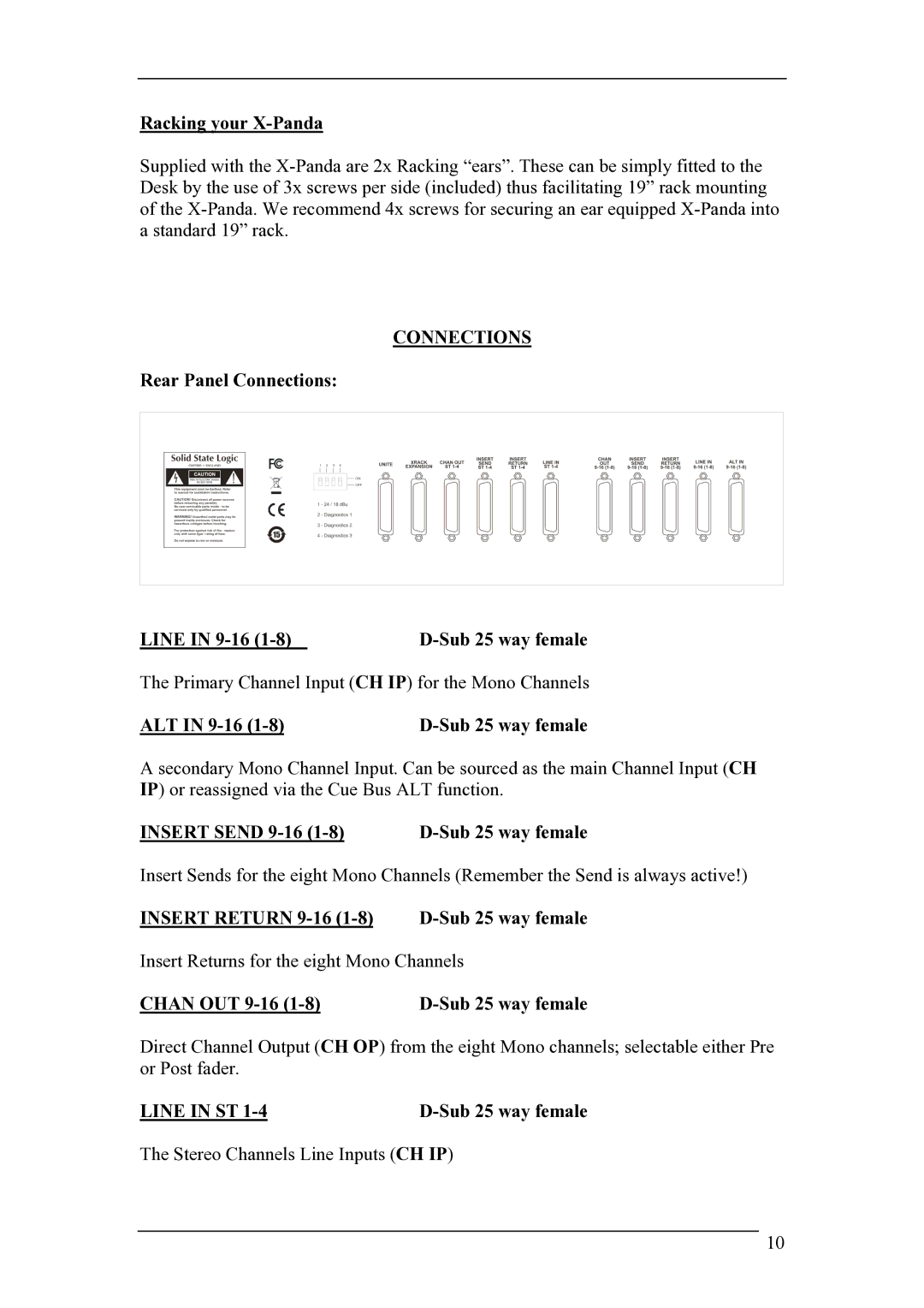 Solid State Logic 82BXEM01A manual Racking your X-Panda, Rear Panel Connections Line in 9-16 Sub 25 way female 