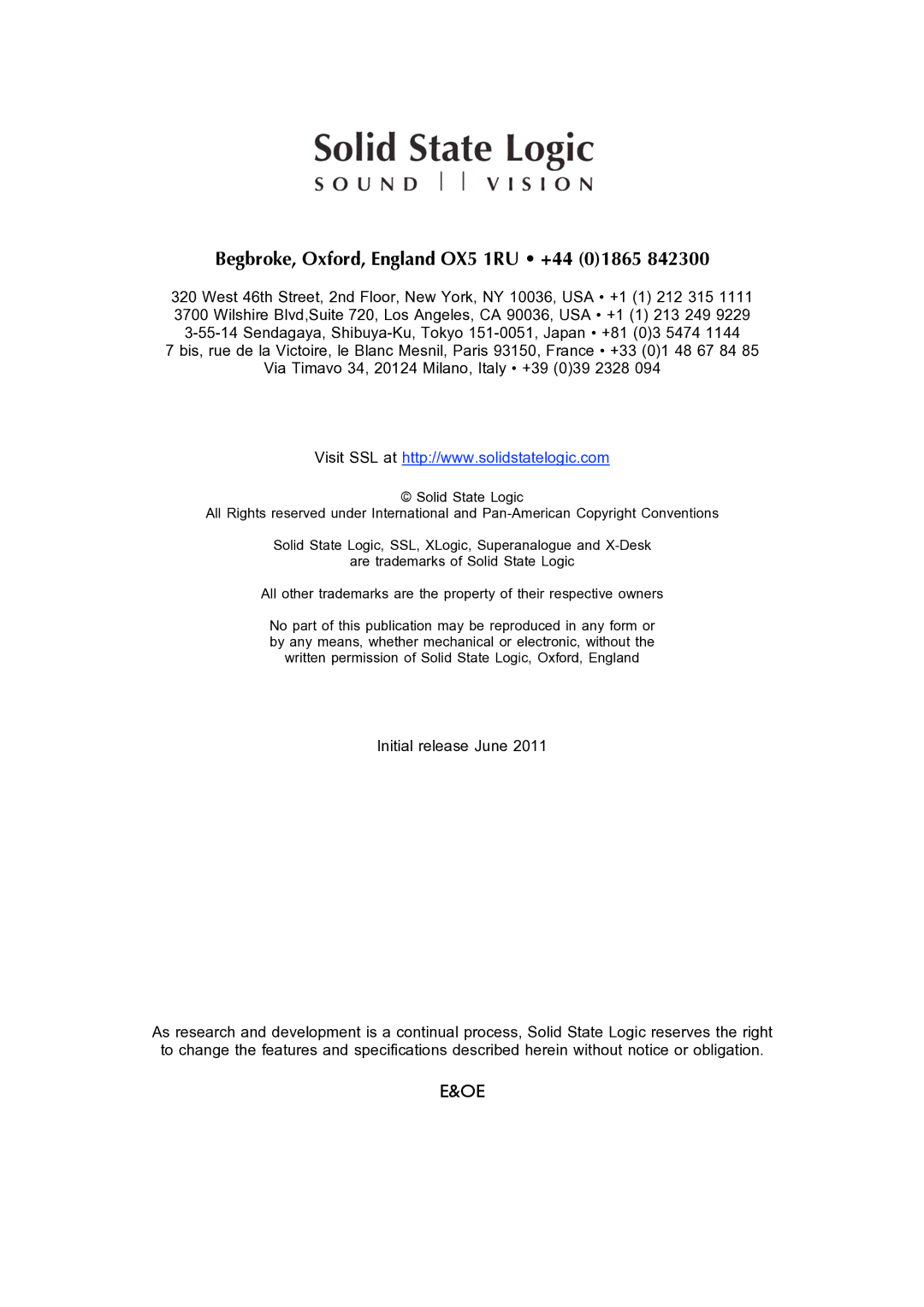 Solid State Logic 82BXEM01A manual Begbroke, Oxford, England OX5 1RU +44 01865 