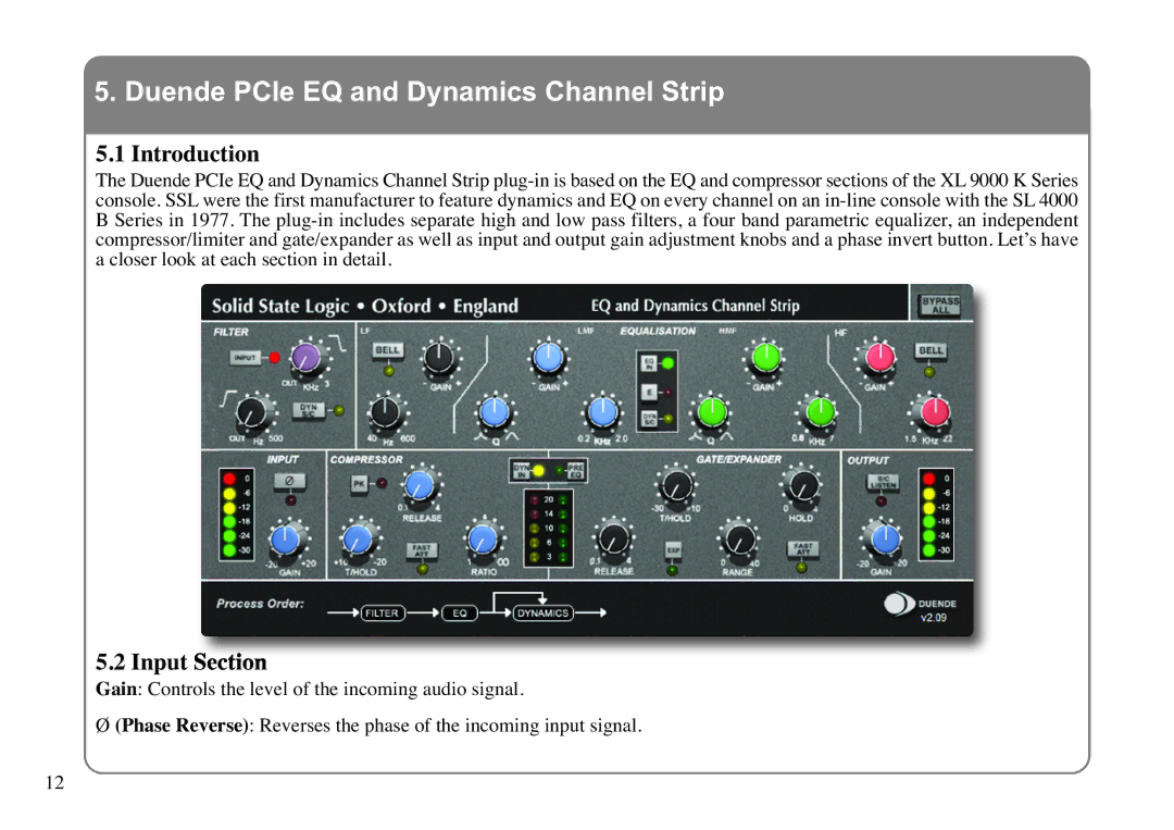 Solid State Logic 82S6MC120A manual Duende PCIe EQ and Dynamics Channel Strip, Introduction, Input Section 