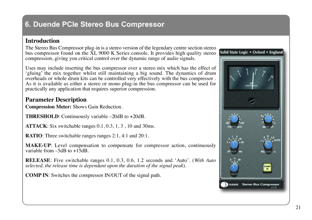 Solid State Logic 82S6MC120A manual Duende PCIe Stereo Bus Compressor, Parameter Description 