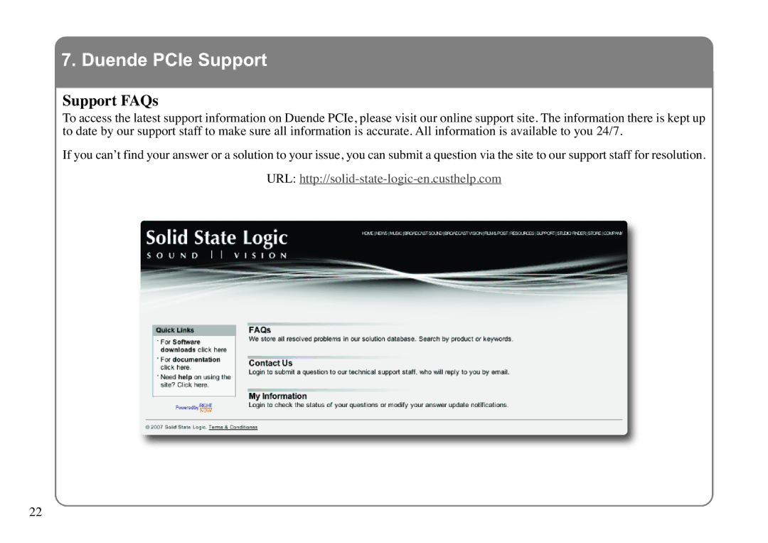 Solid State Logic 82S6MC120A manual Duende PCIe Support, Support FAQs 