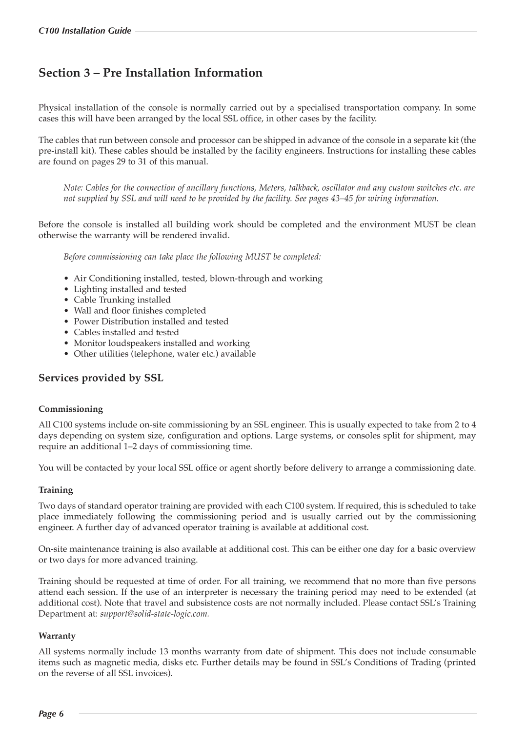 Solid State Logic 82S6PC1010C Pre Installation Information, Services provided by SSL, Commissioning, Training, Warranty 