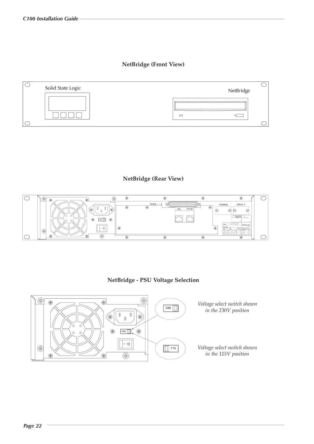 Solid State Logic 82S6PC1010C manual NetBridge Front View, NetBridge Rear View, NetBridge PSU Voltage Selection 