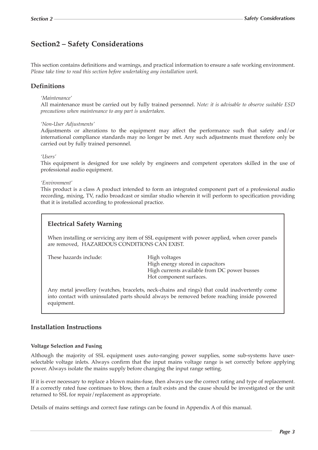 Solid State Logic 82S6PC1010C Safety Considerations, Definitions, Electrical Safety Warning, Installation Instructions 