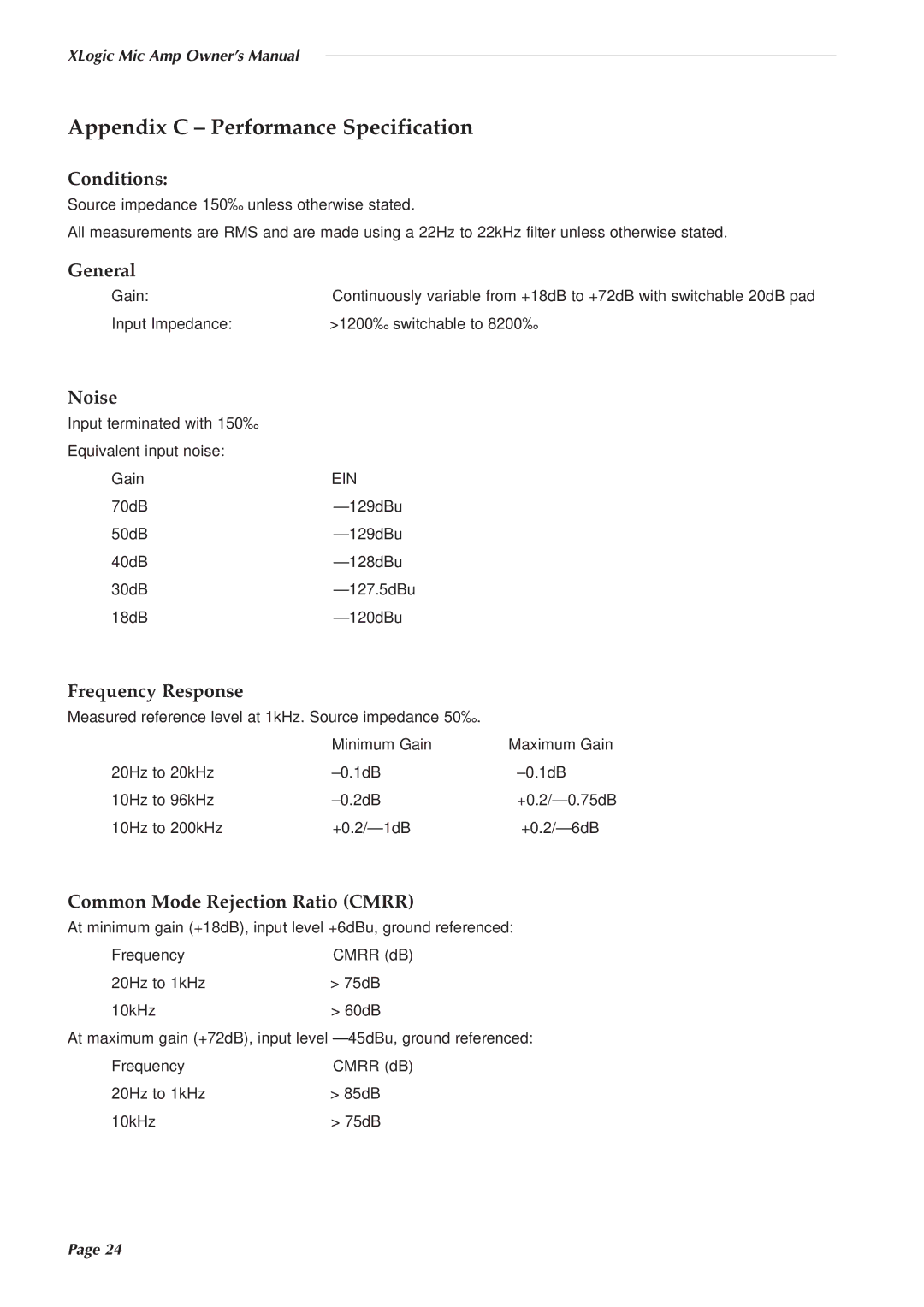 Solid State Logic 82S6XL020E owner manual Appendix C Performance Specification 