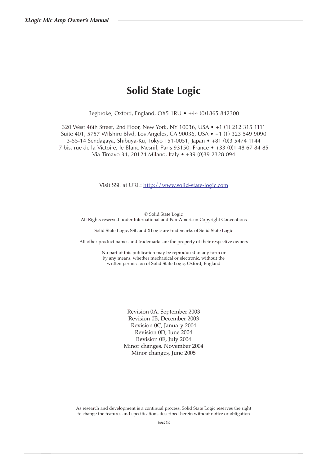 Solid State Logic 82S6XL020E owner manual Solid State Logic 