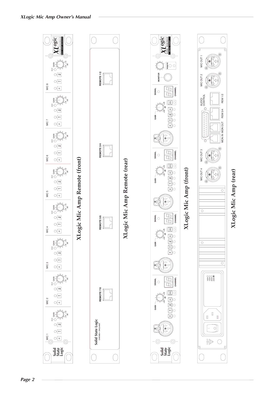 Solid State Logic 82S6XL020E owner manual XLogic Mic Amp Remote front, XLogic Mic Amp Remote rear, XLogic Mic Amp front 