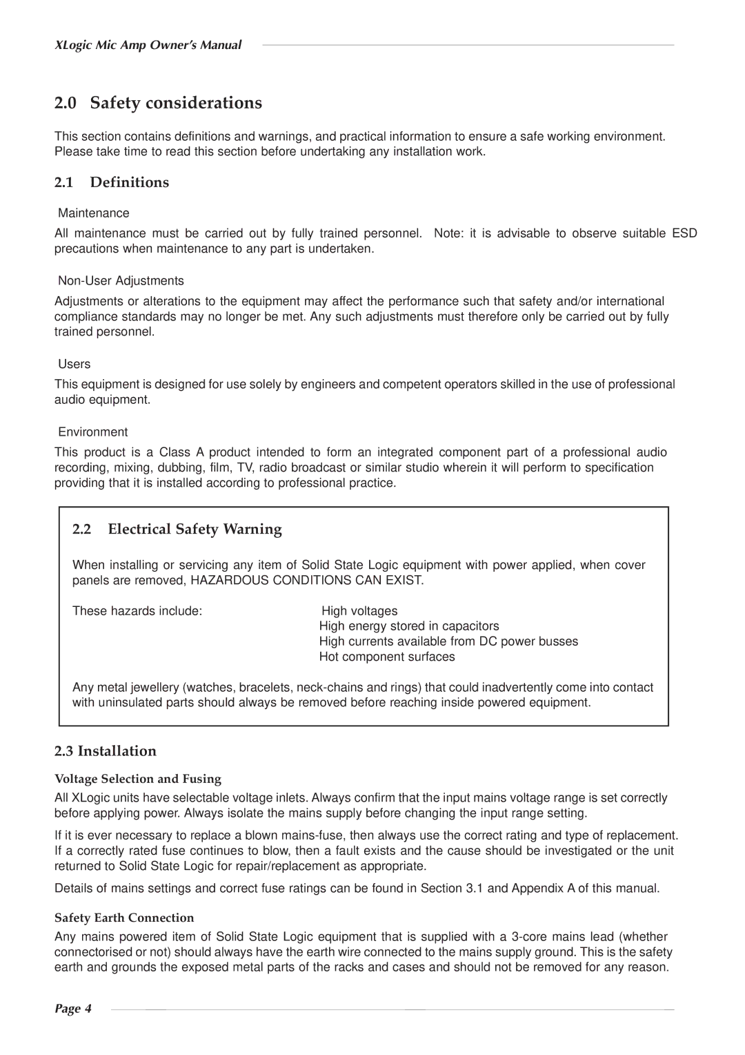 Solid State Logic 82S6XL020E owner manual Safety considerations, Definitions, Electrical Safety Warning, Installation 