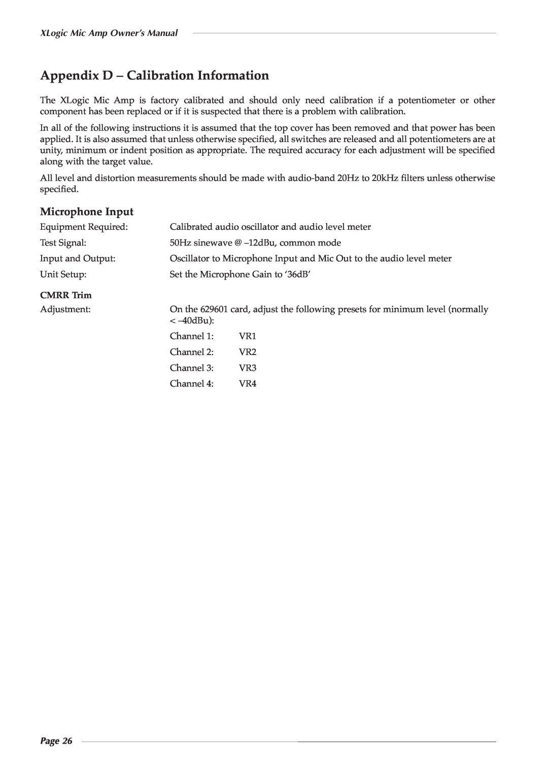 Solid State Logic 82S6XL020E owner manual Appendix D - Calibration Information, Microphone Input, CMRR Trim, Page 