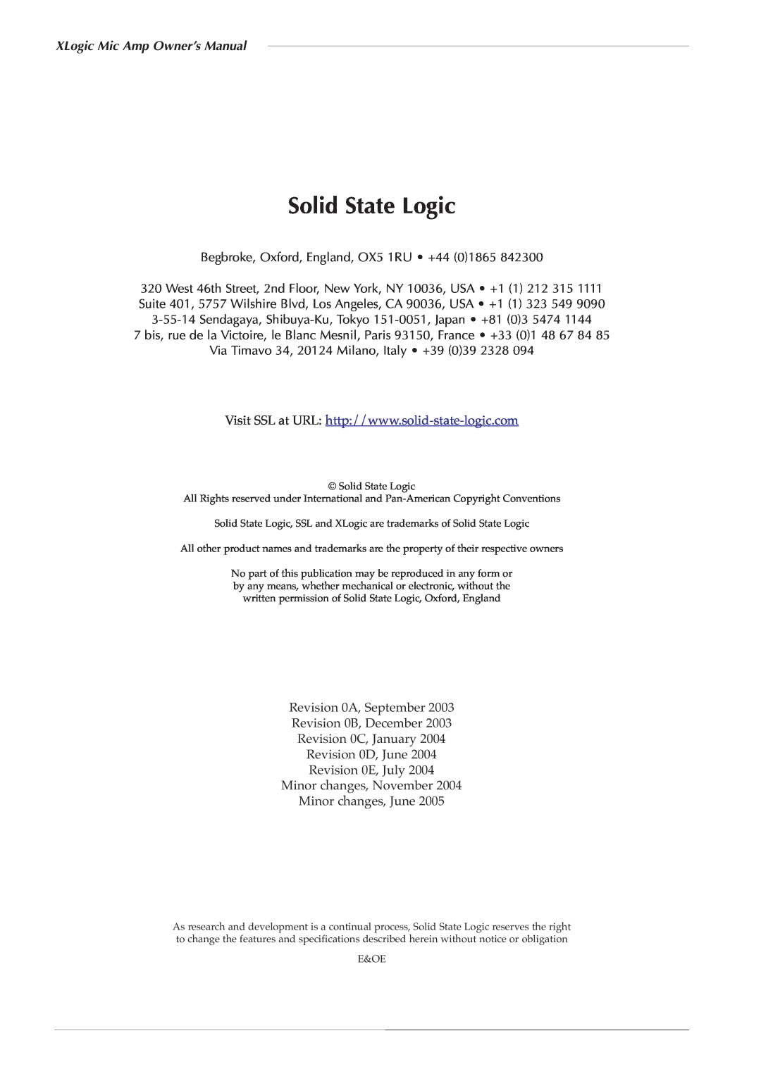 Solid State Logic 82S6XL020E owner manual Solid State Logic 