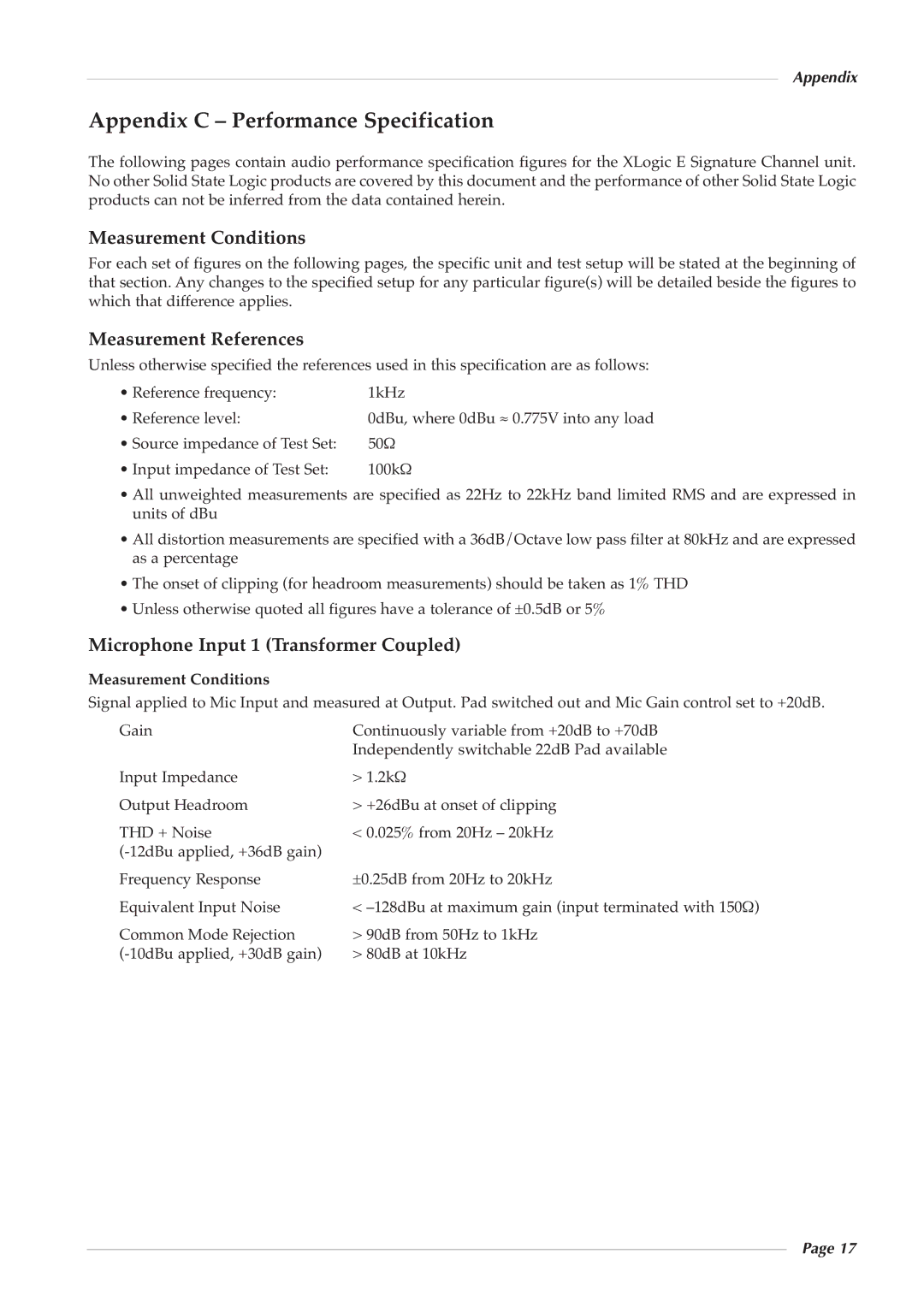 Solid State Logic 82S6XL090A Appendix C Performance Specification, Measurement Conditions, Measurement References 