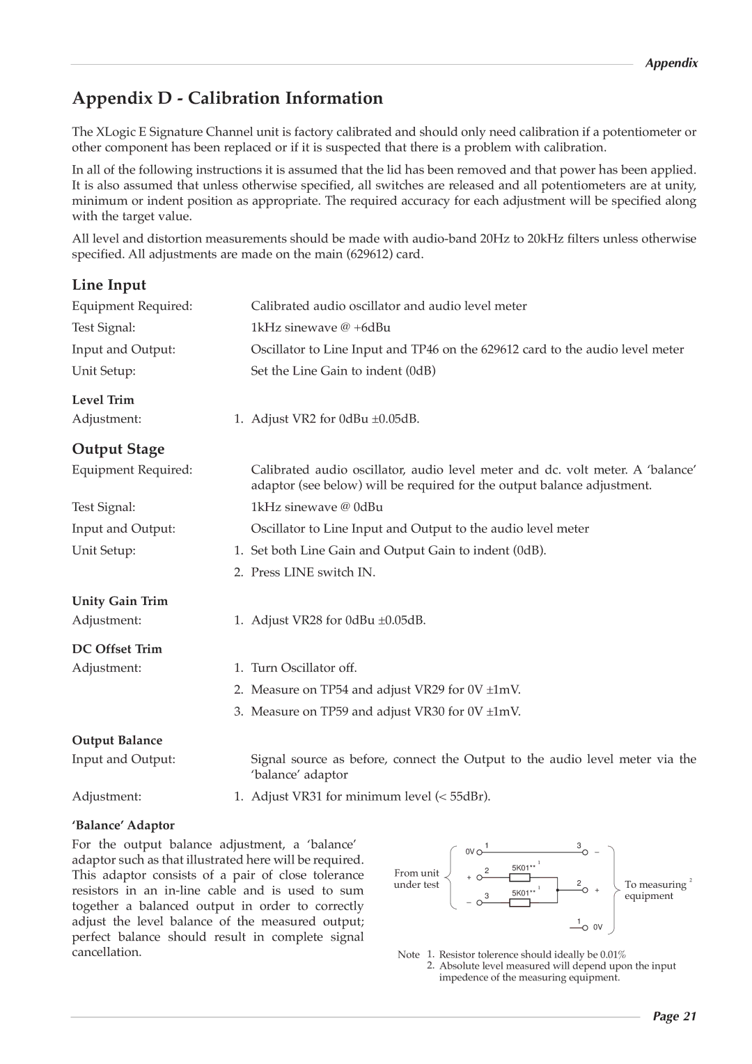 Solid State Logic 82S6XL090A owner manual Appendix D Calibration Information, Output Stage 