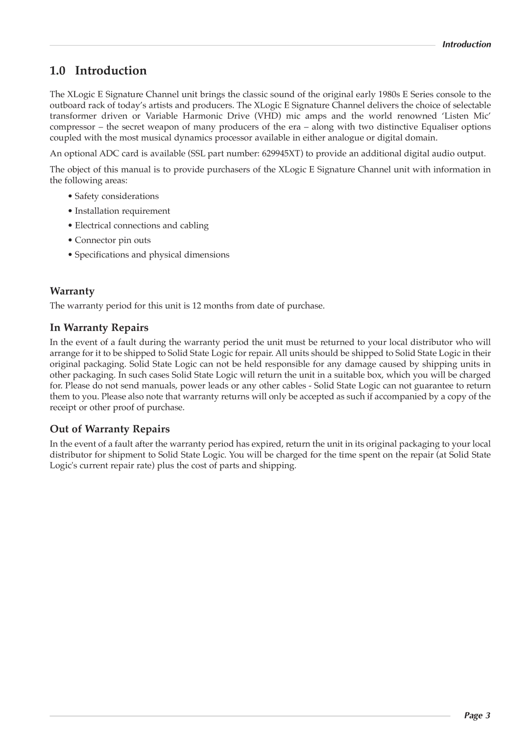 Solid State Logic 82S6XL090A owner manual Introduction, Out of Warranty Repairs 