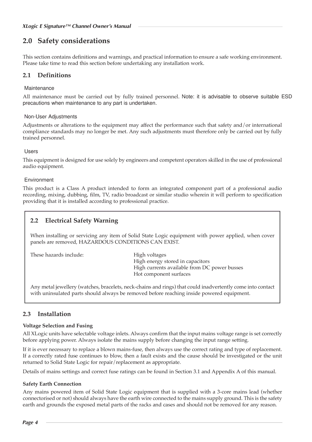 Solid State Logic 82S6XL090A owner manual Safety considerations, Definitions, Electrical Safety Warning, Installation 